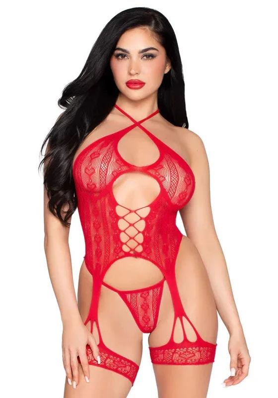 2pc Heart Net Halter Cami and G-String Panty – Os – Red
