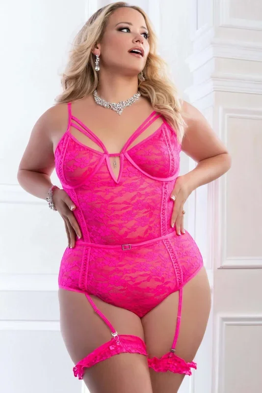 2PC Sheer Lace Teddy with Snap Crotch – Glossy Pink Q/S from G World