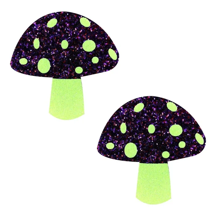 Alice Down The Rabbit Hole Yellow with Purple Glitter Blacklight Shroom Nipple Cover Pasties