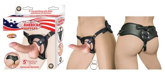 All American Whoppers 5 Inch Curved Dong with Balls Beige and Universal Harness – Realistic