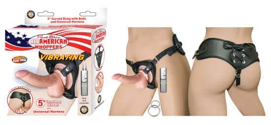ALL AMERICAN WHOPPERS 5 VIBRATING CURVED DONG W/BALLS FLESH & UNIVERSAL HARNESS”