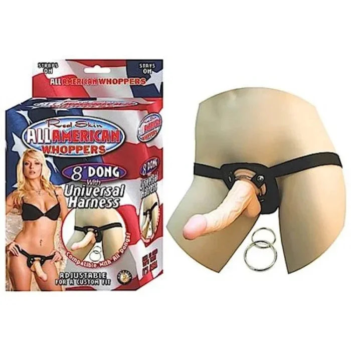All American Whoppers 8-Inch Dong With Universal Harness – Flesh