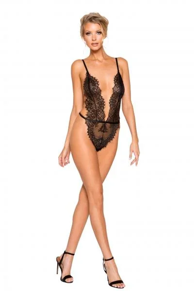 Black – Low Plunge High Leg Eyelash Teddy – Size