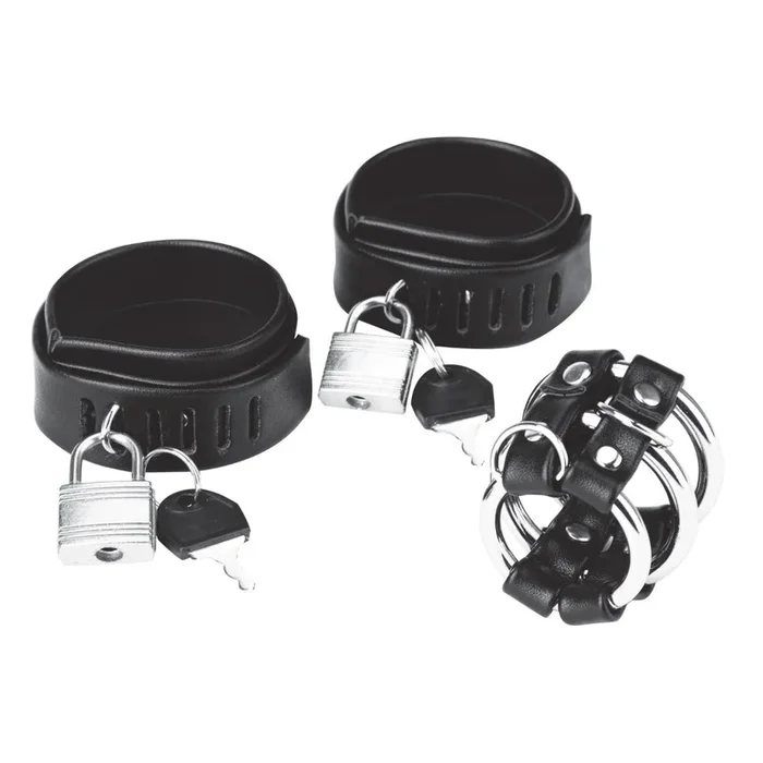 Blue Line Locking Ball Stretcher & Cock Ring & Three Ring Cock Cage Set Black