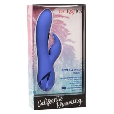 California Dreaming Beverly Hills Bunny Blue Silicone Massager with 10 Vibration Functions and 3 Shaft Rotation Speeds