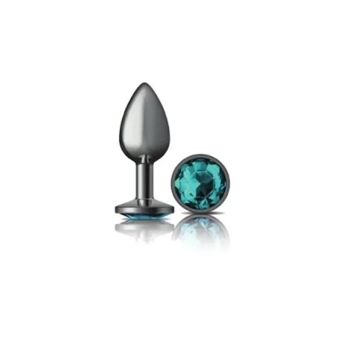 Cheeky Charms Gunmetal Round Butt Plug With Teal Jewel Small