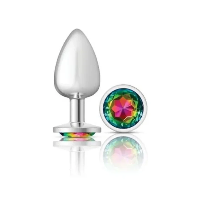 Cheeky Charms Silver Round Butt Plug with Rainbow Jewel Large