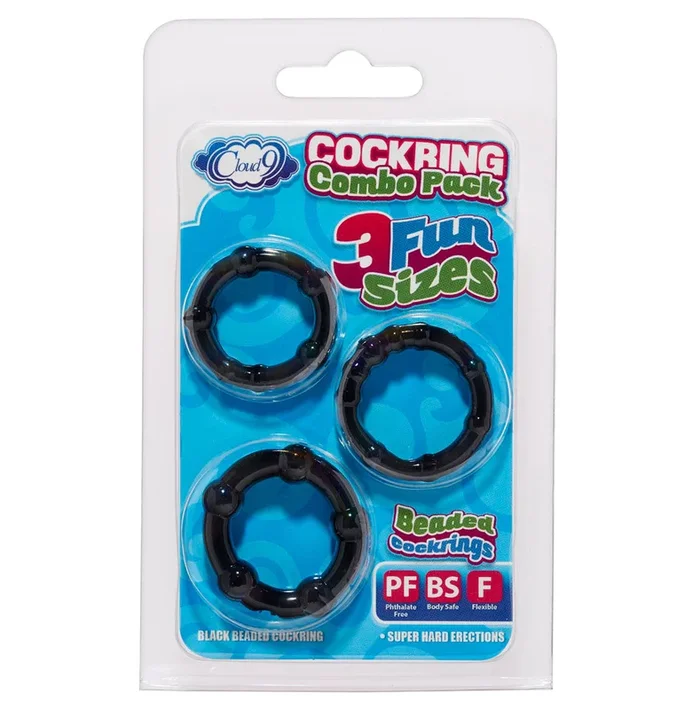Cloud 9 Novelties Super Stretch Beaded Cock Ring Combo Pack (Black) – Skin Safe Cock Rings