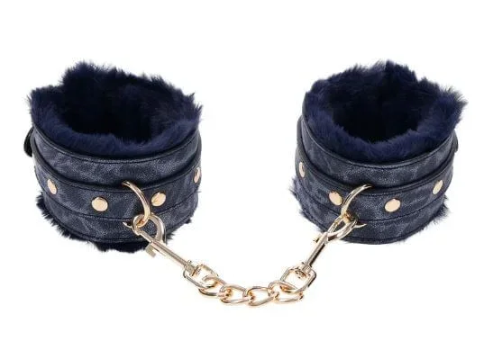 Cougar Fur Handcuffs | Blue Faux Fur & Gold-Plated Hardware