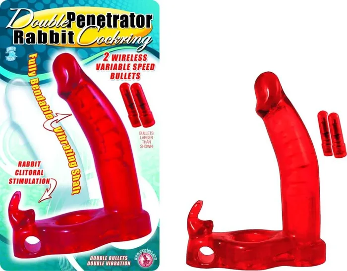 Double Penetrator Rabbit Cock Ring Red – Double the Pleasure, Double the Fun!