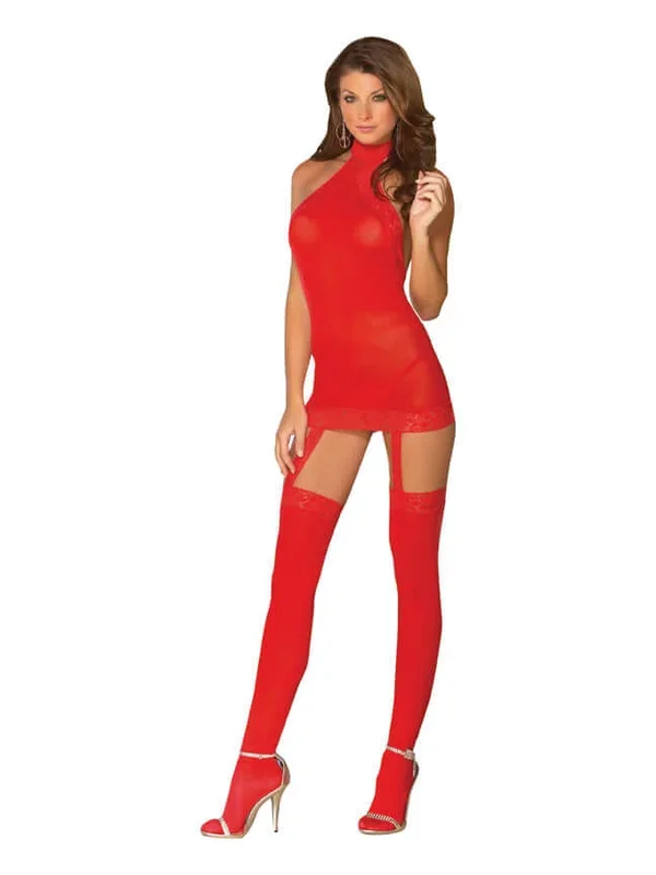Dreamgirl Black Diamond Elegance: Red Sheer Garter Dress & Thigh Highs Combo