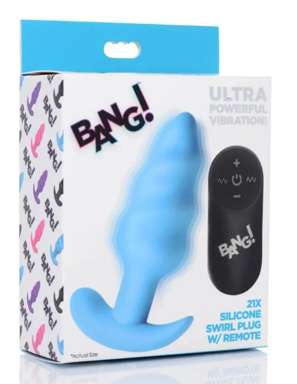 Elevate Your Pleasure: Bang! 21X Vibrating Silicone Swirl Butt Plug with Remote Control in Blue