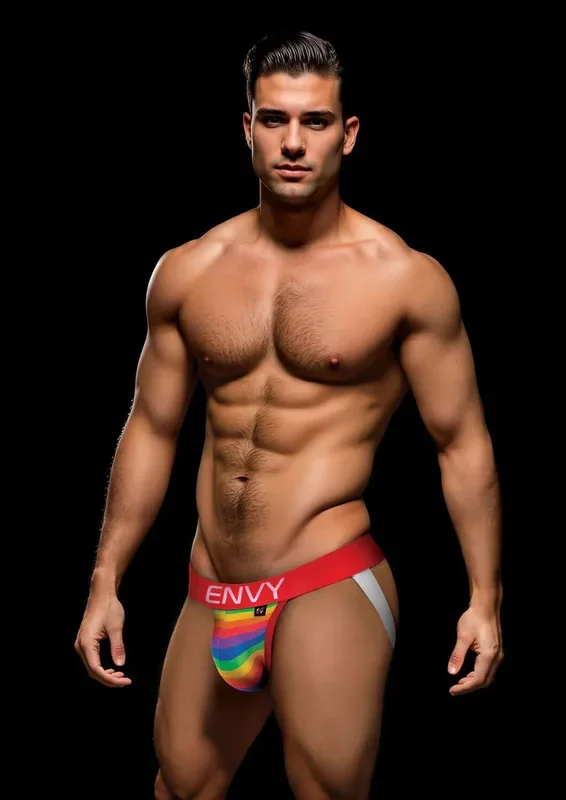 ENVY Rainbow Pride Jock Strap Red S/M – Comfortable Cotton Blend, Bold Rainbow Design