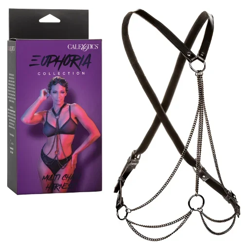 Euphoria Collection Multi Chain Harness with Black Vegan Leather and Velvet Interior, Adjustable Cross Back Design, One Size