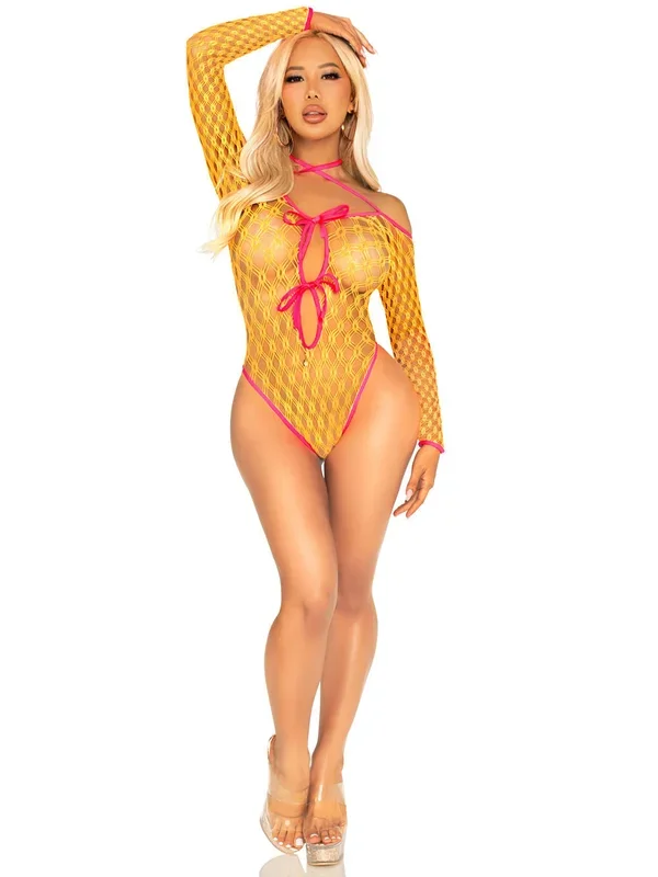 Eyelet Net Tie-Front Keyhole Teddy Lingerie in Neon Orange