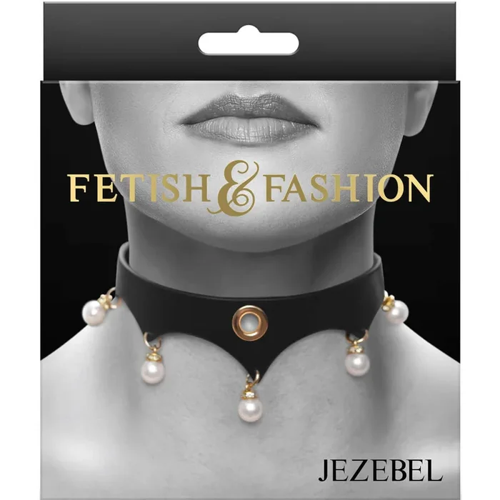 Fetish & Fashion Jezebel Collar – Adjustable PU Collar with Gold Accents and Pearls