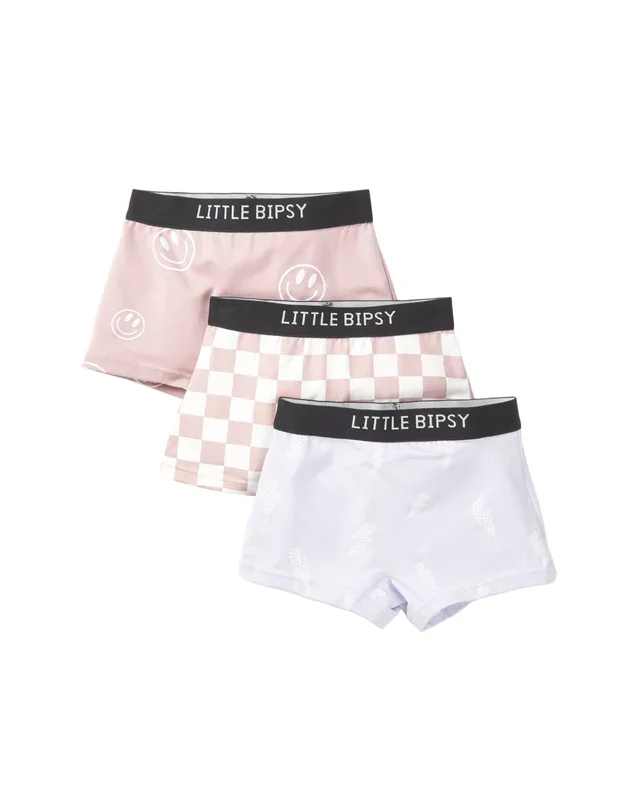 Girl’s Boxer Brief 3-Pack – Smiley, Checkered, Lightning Bolt