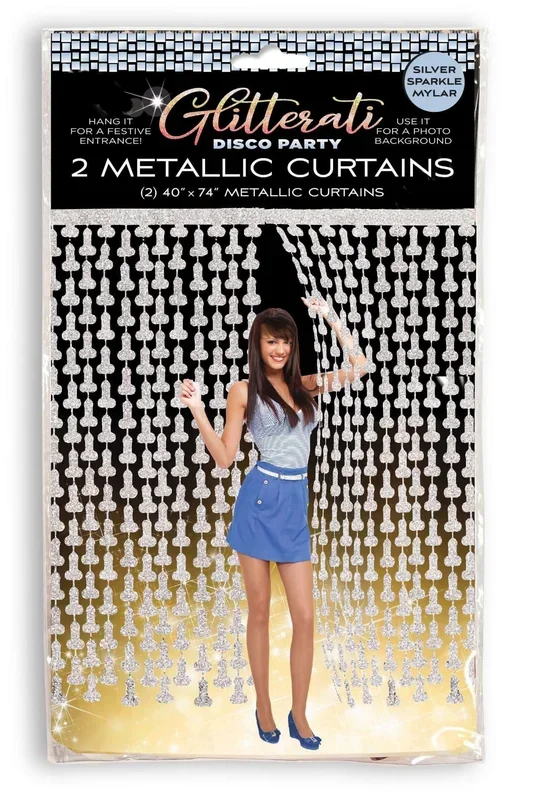 Glitterati Disco Penis Foil Curtain Set – Silver Metallic Backdrop for Bachelorette Parties