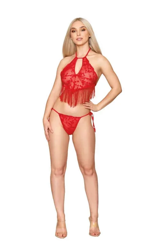 Heart Embroidered Lace Camisole & G-String Set by Dreamgirl Lingerie – O/S Elegance with Fringe