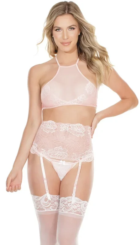 High Waisted Halter Bra, Garter Belt & G-String Set