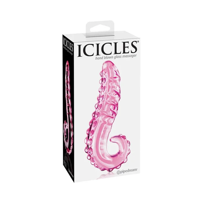 Icicles No. 24 Curved Textured 6 in. Glass Dildo With Handle Pink
