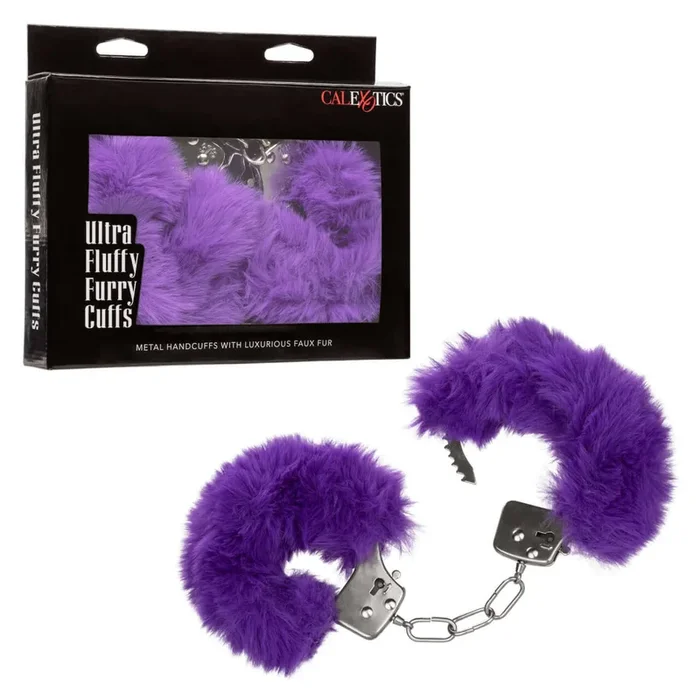 Indulge in Sensual Restraint with Ultra Fluffy Furry Cuffs – Purple Metal Handcuffs