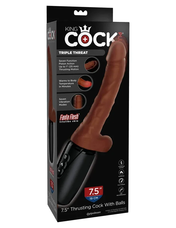 King Cock Plus 7.5 Inch Thrusting Cock with Balls Brown Dildo – Warming, Vibrating, USB Rechargeable