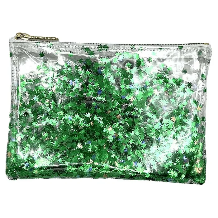 KushKards Clear Midi Clutch with Green Leaf Confetti Glitter