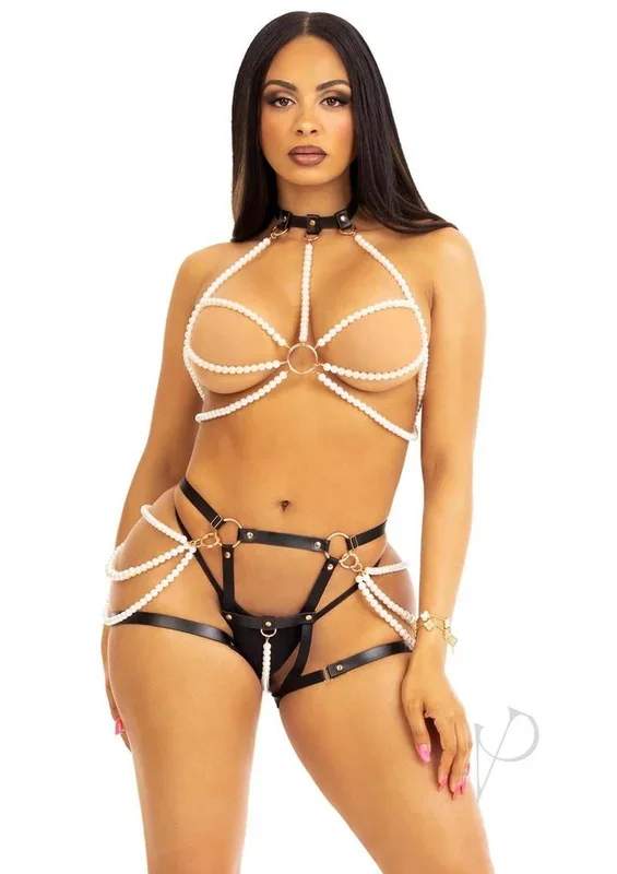 Leg Avenue Faux Pearl Multi Strand Halter Harness with O-Ring Detail and Convertible Vegan Leather Butt Harness