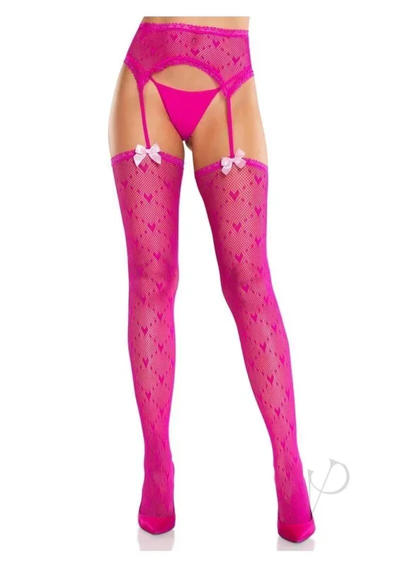Leg Avenue Heart Lace Stockings with Garter Belt Magenta