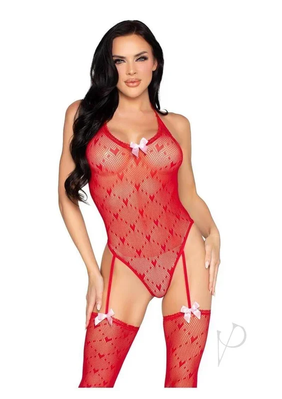 Leg Avenue Mini Heart Trimmed Net Teddy with Stockings Red