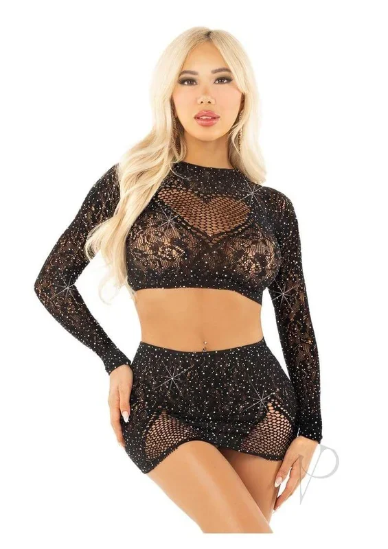 Leg Avenue Rhinestone Lace and Net Crop Top with Mini Skirt