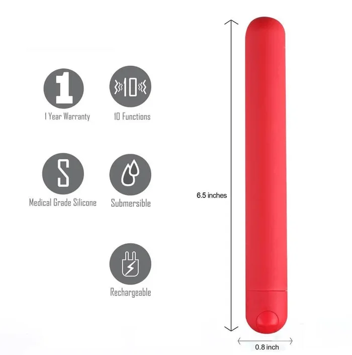 Maia Toys Abbie Long Rechargeable Bullet Vibrator in Red – 10 Functions | Waterproof & Body-Safe