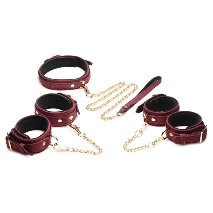 Master Series Velvet Bondage Set Cuffs, Collar, and Leash (6 piece) – Burgundy