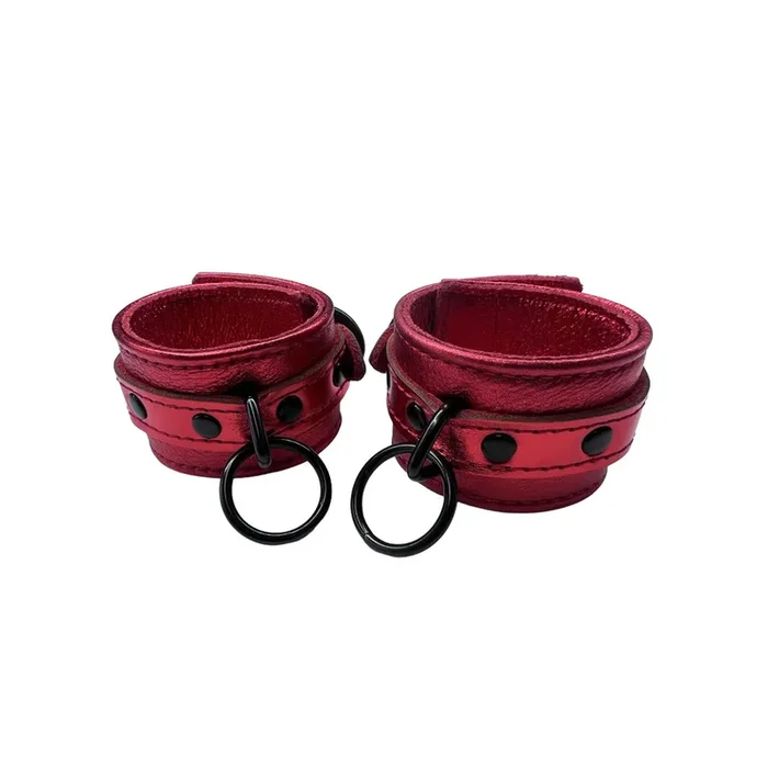 Metallic Leather Ankle Restraints Red & Black Hardware