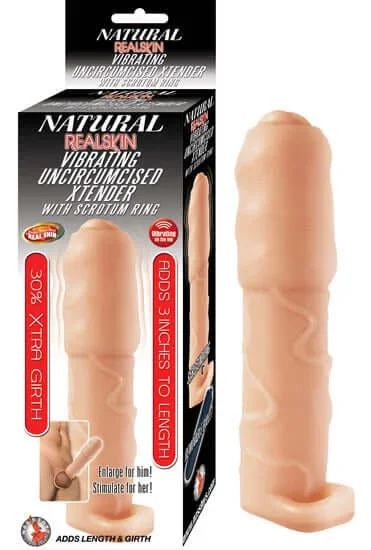 Natural Realskin Vibrating Uncircumcised Xtender with Scrotum Ring Beige from Nasstoys