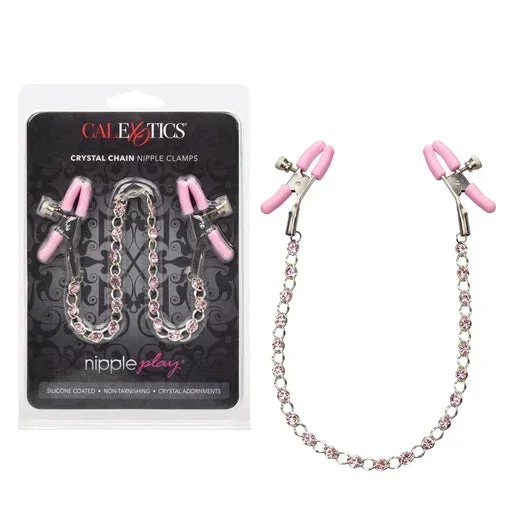 Nipple Play Crystal Chain Adjustable Nipple Clamps with Pink Silicone Coating and Sparkling Crystals
