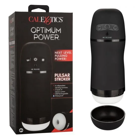 Optimum Power Pulsar Stroker Black Vibrating Masturbator with Suction and Textured Sleeve