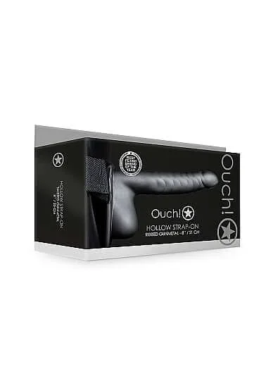 Ouch Ribbed Hollow Strap On 8 inches with Balls Gunmetal