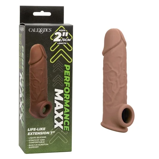 Performance Maxx Life-Like Extension 7 Inch Brown Stretchy Liquid Silicone Sleeve with Built-In Scrotum Strap