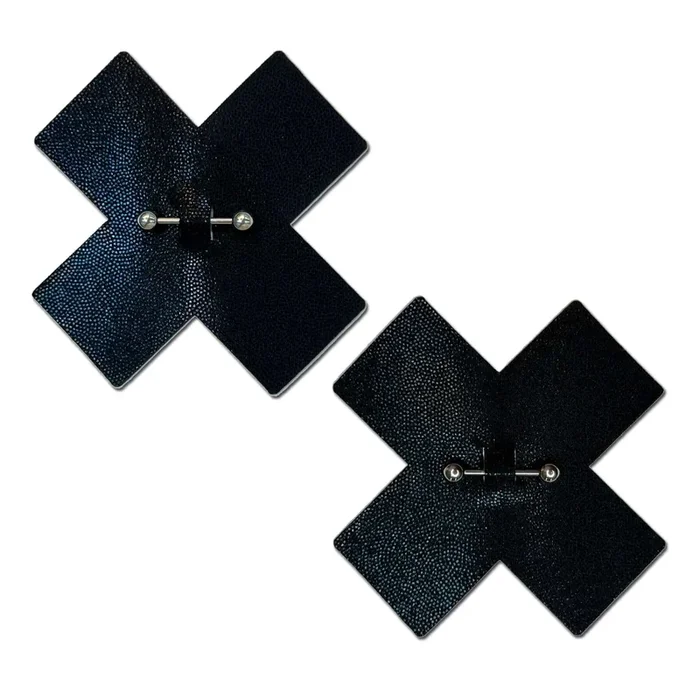 Pierced Pasties: Liquid Black Cross Plus X with Barbell Piercing Nipple Covers by Pastease