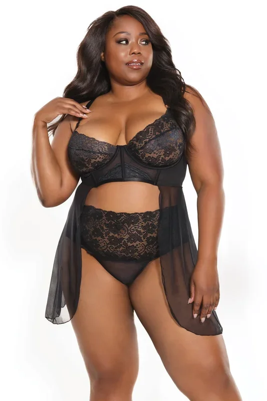 Plus Size Open Lace & Mesh Babydoll