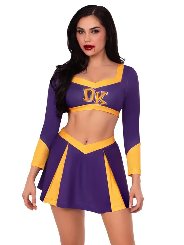 Purple Cheer Squad Slayer Costume: Killer Horror Crop Top Mini Skirt