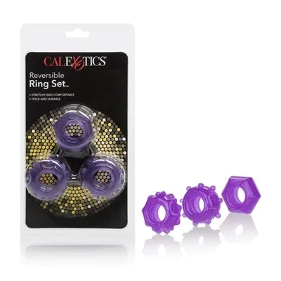 Reversible Ring Set Purple 3-Piece Stretchy Erection Enhancers with Textured Ridges and Grooves