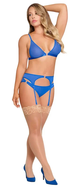 Sassy Bra, Garter and Rouched Panty Cobalt L/XL from Magic Silk Lingerie