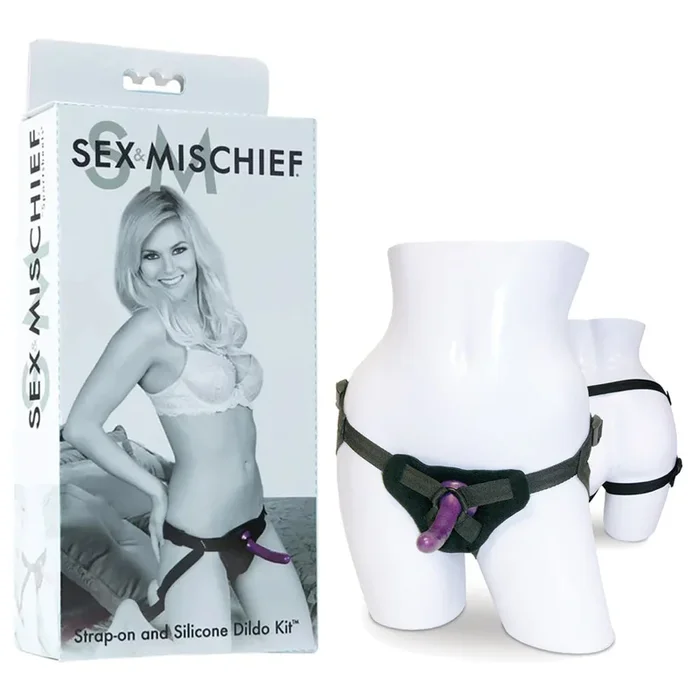 Sex & Mischief Strap-On & Silicone Dildo Kit – Black/Purple Adjustable Strap-On