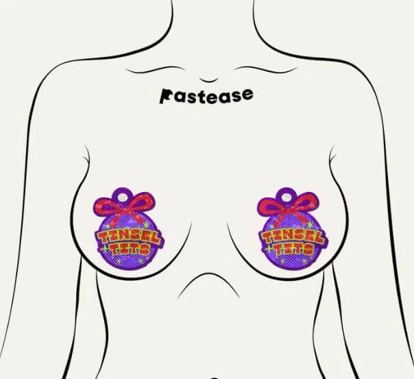 Tinsel Tits Holiday Ornament on Disco Glitter Purple Breast Pasties